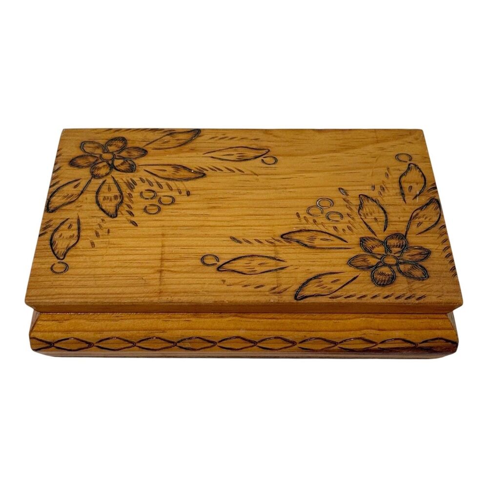 Vtg Wooden Jewelry Box Trinket Chest Engraved Flowers Mexico Red Velvet Lined